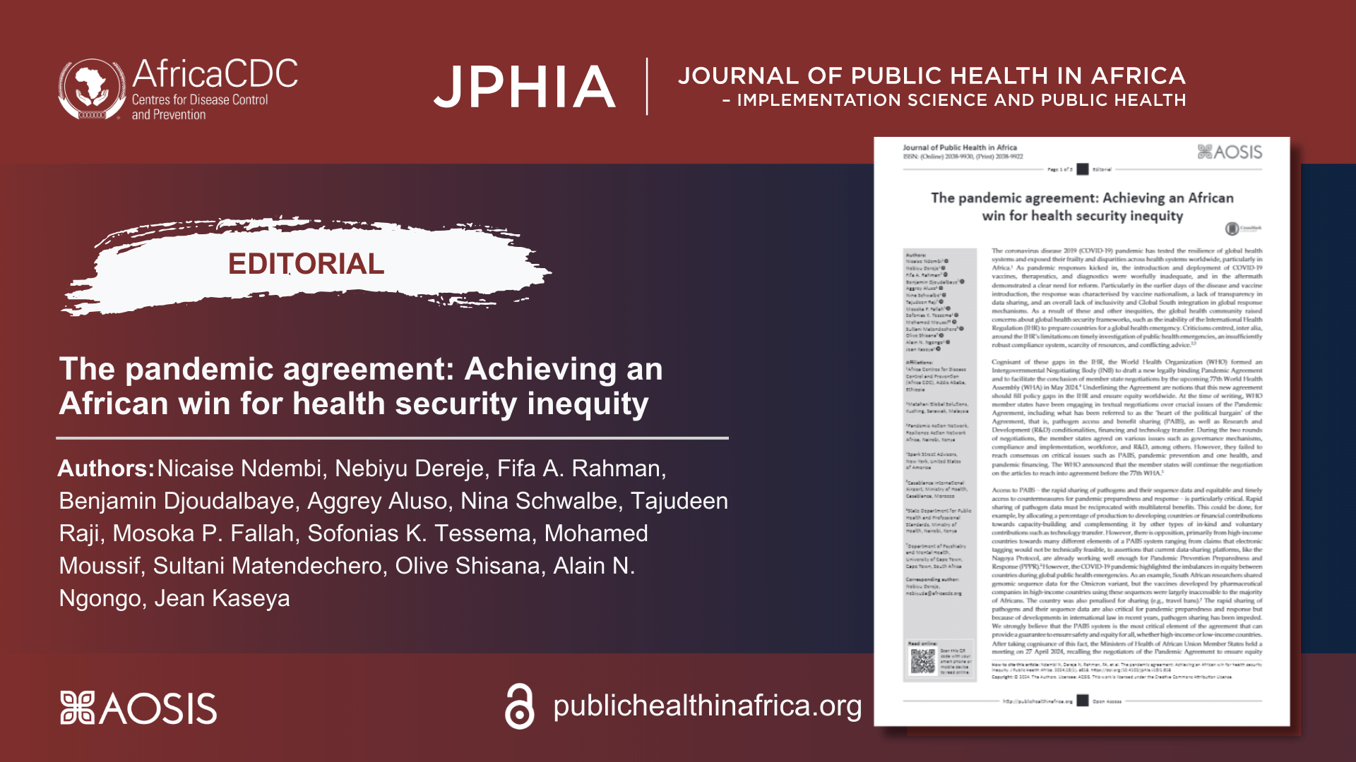 The pandemic agreement: 'Journal of Public Health in Africa' new Editorial
